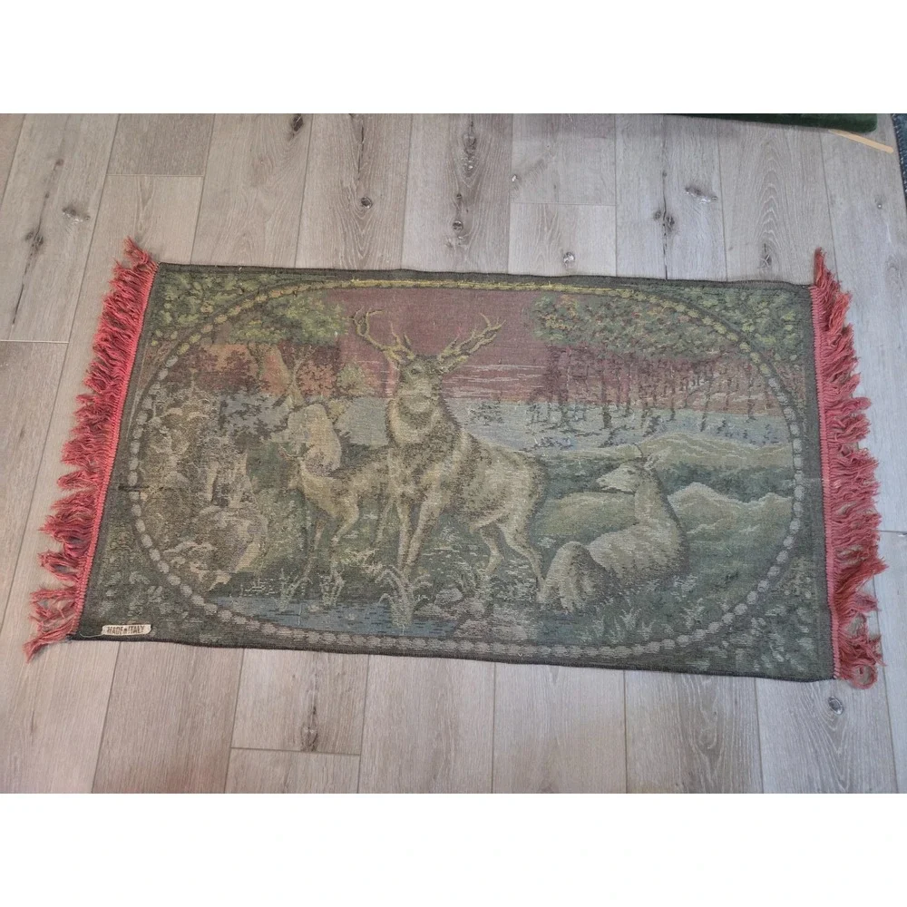 Vintage 50s Italian Fringed Tapestry Rug Wall Hanging Country Scene Deer 48''